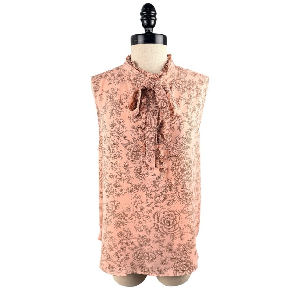 LOFT Peach Floral Blouse with Tie Neck